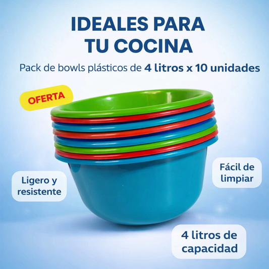 Pack X 10 Bowl Batidor 4 Litros Plástico Colores